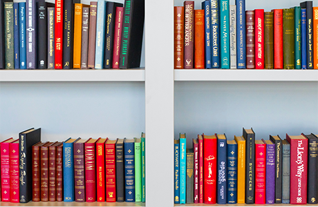 Colorful books on a white bookshelf